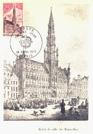 Carte-maximum : lithographie de l'Hotel de Ville de Bruxelles - Belgique (34 k)